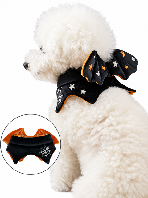 Side view of a white dog wearing the Halloween Bat Choker with embroidered bat wings.