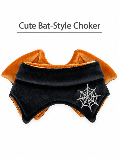Front view of the black velvet Bat Choker with orange bat wings and spiderweb embroidery.