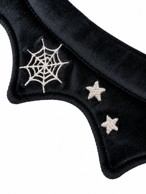 Close-up of the white spiderweb and star embroidery on the black velvet Bat Choker.